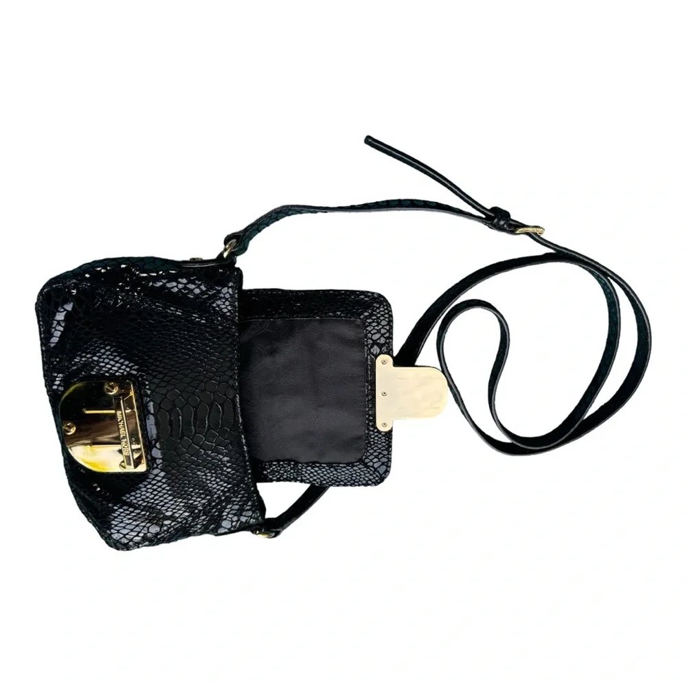 MICHAEL KORS Black Snake Embossed Leather Flap Crossbody .